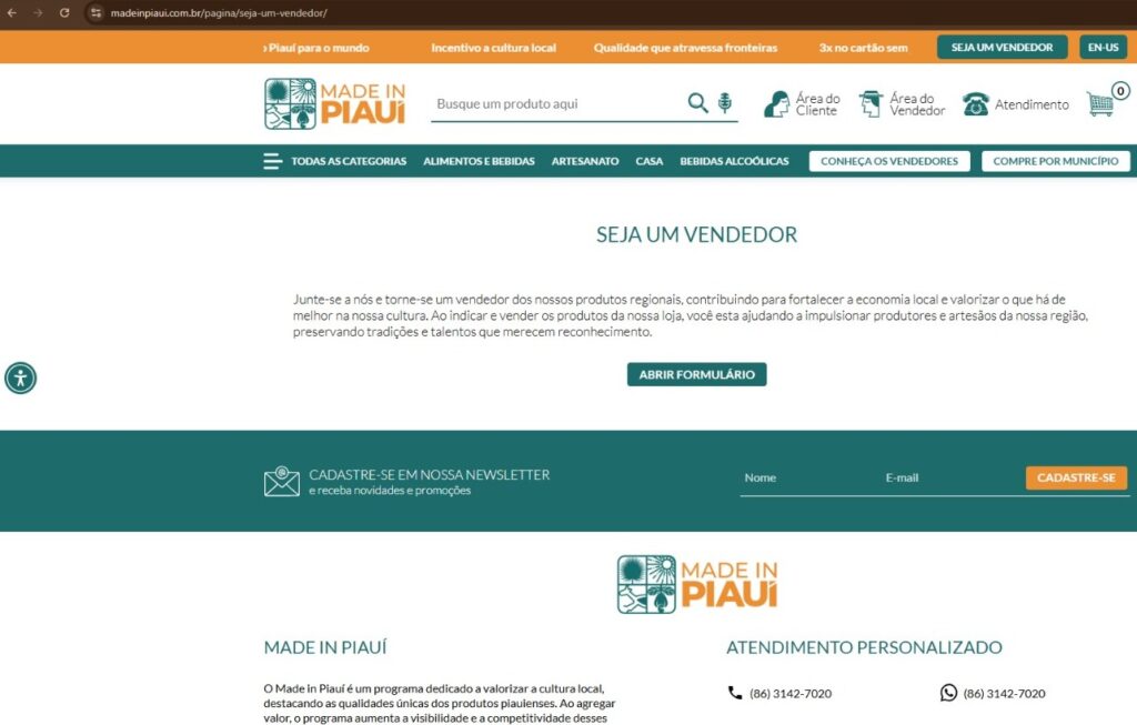 Cadastro para vendedores no marketplace Made In Piauí é totalmente gratuito e on-line
